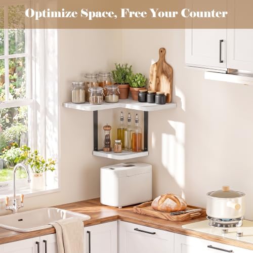 SRIWATANA 2-Tier Corner Shelf, Rustic Wood Storage Display Shelf, White - Image 2