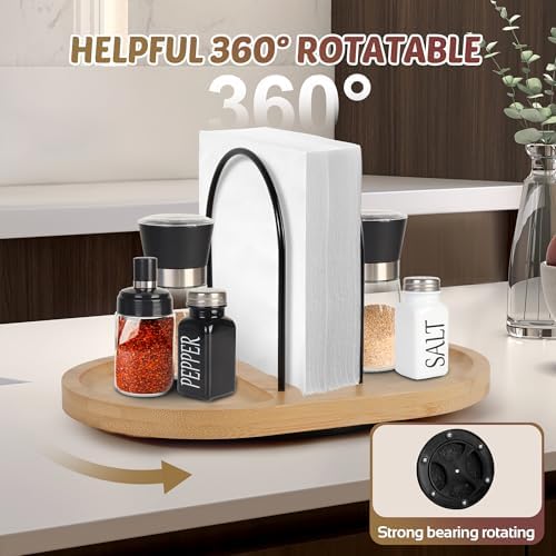 Bamboo Rotating Napkin Holder with Salt & Pepper Shaker Storage - Image 2