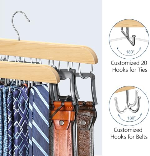 Tie Rack & Belt Hanger 2 in 1 Tie Hanger Space Saving Max 42 Belts& 60 Ties Capacity for Closet Organizers and Storage, Sturdy Wood Belt & Tie Collection Organizer(Wood, 2Pack) - Image 4