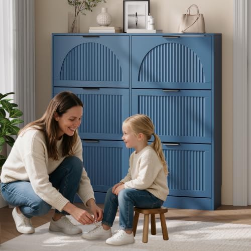 Fluted Shoe Storage Cabinet for Entryway, 6 Flip Drawers, Blue - Image 6