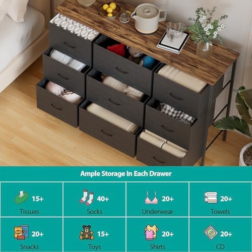 VASICAR Wide TV Stand for Bedroom, Black Dresser with 9 Deep Drawers - Image 5