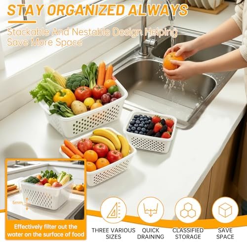 3 Pack Fruit Storage Containers for Fridge with Removable Colander - Image 6