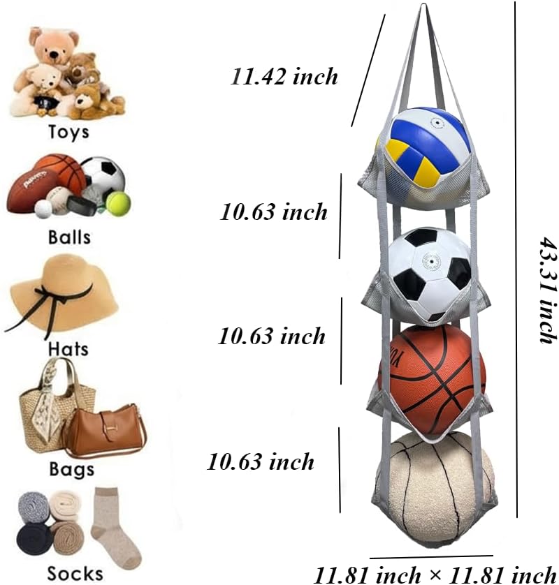 4-Tier Mesh Ball Storage Organizer, Basketball Holder for Garage, Sports Ball Storage for Basketballs, Toys and Snacks - Image 2