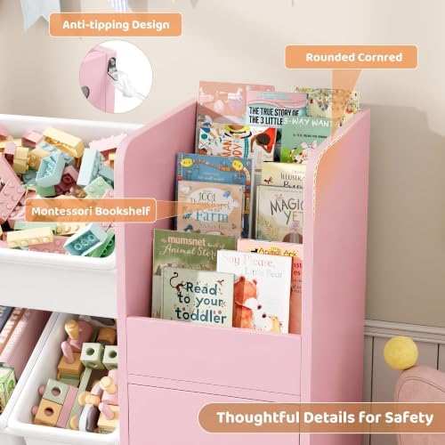 2 Pcs 55''W Storage Cabinet with Large Chest, Montessori Bookshelf, Pink - Image 3
