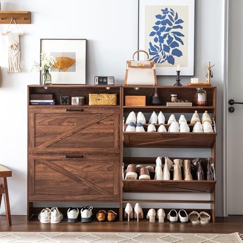 RWYHG Shoe Cabinet with 2 Flip Drawers, Narrow Entryway Organizer,Walnut - Image 6
