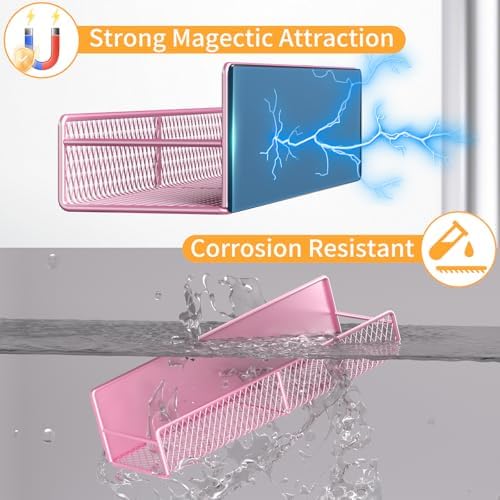 Magnetic Spice Rack for Refrigerator, 2 Pack Metal Magnetic Shelf Pink, Moveable Spice Organizer with Hooks, Super Magnetic Fridge Shelf for Kitchen Organization and Storage - Image 3