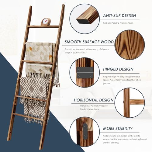 6-Tier Blanket Ladder Wooden, 5.7FT(66.5'') Blanket Quilt Towel Holder Rack Decorative Ladder, Easy Assembly, Rustic Farmhouse Ladder Shelf for The Living Room Bedroom Bathroom Home Decor, Brown - Image 4