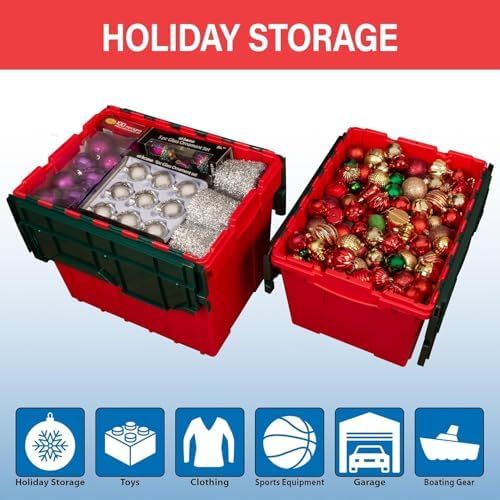 Akro-Mils 66486RDGRN 12-Gallon Plastic Stackable Storage KeepBox Tote Container with Attached Hinged Lid, 21-1/2-Inch x 15-Inch x 12-1/2-Inch, Red/Green - Image 4