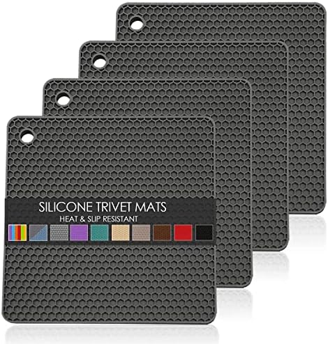 Silicone Trivets for Hot Pots and Pans, Multi-Purpose Trivet Mat for Hot Dishes Set of 4, Heat Resistant Durable Flexible Silicone Pot Mat for Countertop, Easy to Wash and Dry, Dark Gray, Square by QPIXDIGITAL