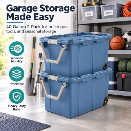 2-Pack 40 Gal Wheeled Storage Bins, Latching Lid & Pull Handle, Blue - Image 2