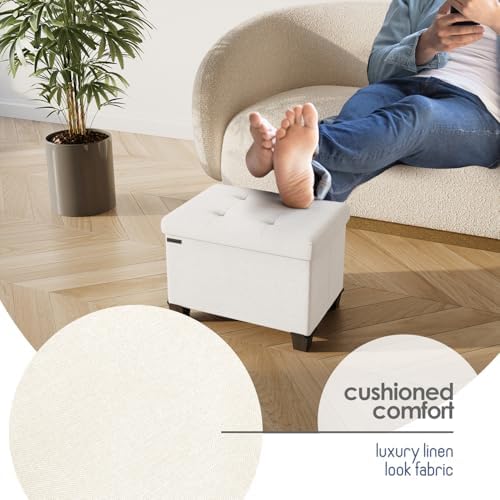 Storage Ottoman Cube with Small Bin, 16-in Square Ottoman with Storage for Living Room and Bedroom, Small Ottomans Foot Rest, Fabric Foot Stools Ottomans Max 330lbs, Cream - Image 7