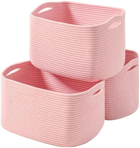 ICERZCZ Storage Baskets for Organizing Shelves, Pink Basket for Nursery, Woven Cotton Rope Baskets for Storage, Towel Basket for Bathroom, 15"x11"x9.5", 3 Packs, Light Pink by ICERZCZ