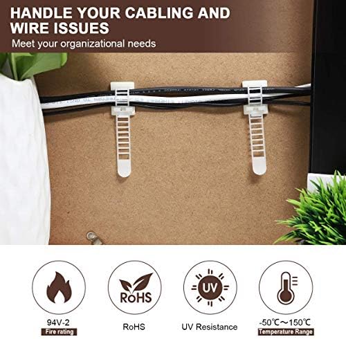 100Pcs Adhesive Cable Management Clips with 50Pcs Zip Ties, Adjustable Nylon Cable Strap Ties Wire Clips Clamps Organizer, Extra Screw & Hole - 3.55 Inch White - Image 2
