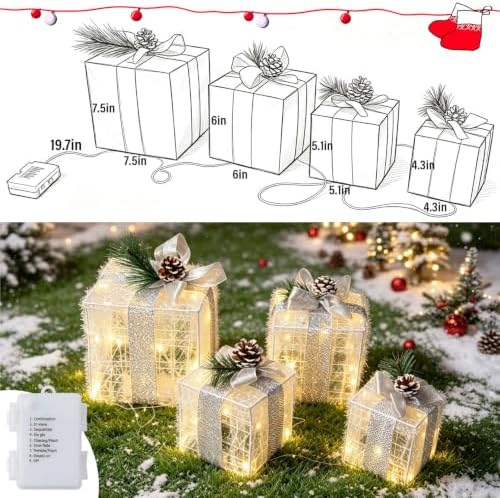 Hourleey Set of 4 Christmas Lighted Gift Boxes Warm White 70 LED Pre-lit - Image 4