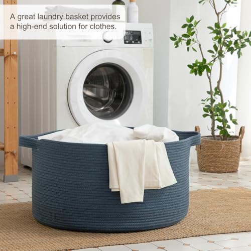 OIAHOMY 90L Extra Large Blanket Basket - Decorative Cotton Rope Storage Basket for Bedroom, Living Room & Nursery - Woven Laundry Hamper for Organizing Blankets, Clothes & Toys - Blue - Image 4