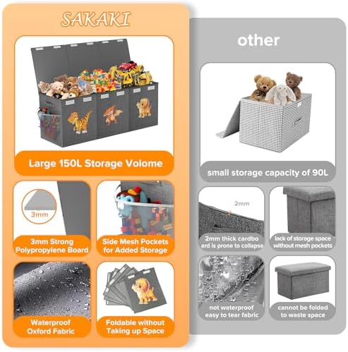 Extra Large Toy Box Chest, Collapsible Sturdy Toy Storage Organizer Boxes Bins Baskets Dinosaur Kids Toy Chest Bin with Lids for Boys Girls Living Room Playroom Bedroom Nursery 41"x14"x16" Gray - Image 4
