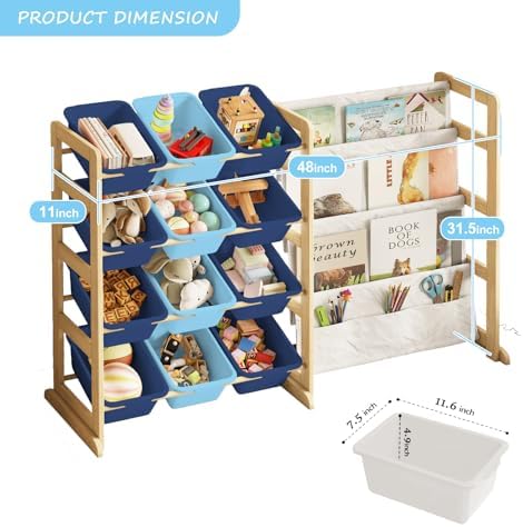EXPERLAM Toy Storage Organizer with Bookshelf - 12 Storage Bins 4-Tier Multipurpose Shelf to Organize Toys and Books for Kids Room, Playroom, Nursery Room, Blue - Image 3