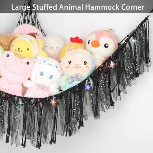 Stuffed Animal Hammock with LED Lights - 59 Inch Large Toy Storage Net for Kids Bedroom, Wall-Mounted Plush Organizer with Wooden Rings, Nursery Decor (Handwoven, Black) - Image 4