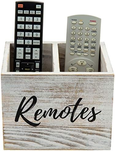 MyGift Remote Control Holder,TV Remote Holder,Wood Remote Caddy for Table,2 Large Compartment,Shabby Whitewashed Solid Wood with Black Cursive Remotes Label by MyGiftHome