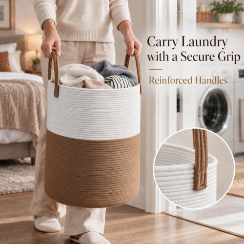 JMvicyroam 80L Cotton Rope Laundry Basket Hamper, White and Brown - Image 3
