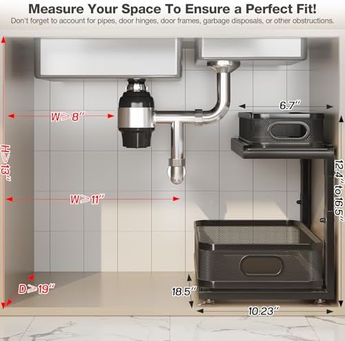 2 Pack 18.5IN-Depth Under Sink Organizer With Next-Gen Ball-Bearing Slides,2-Tier Precision Mesh Pull Out Cabinet Storage for Bathroom&Kitchen,Height Adjustable Drawers Shelf,Anti-rust-Black - Image 2