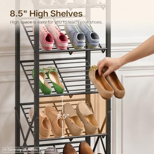 YATINEY 8-Tier Tall Shoes Rack, Slim Shoe Organizer for Entryway, Large-Capacity Thin Shoe Rack for Closet, Narrow Shoe Storage Shelf Holds 8-16 Pairs, Space Saving, Black and Rustic Brown SS18BR - Image 4