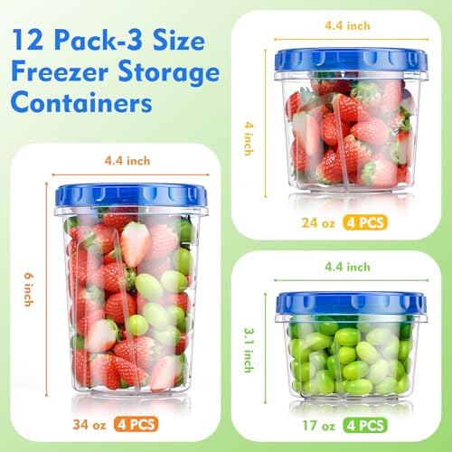 BiuLeon [12 Pack-34/24/17oz Freezer Storage Containers with 3 Different Sizes, Plastic Soup Containers with Lids, BPA-Free Food Storage Containers with Twist Top Lids, Reusable Meal Prep Containers - Image 2