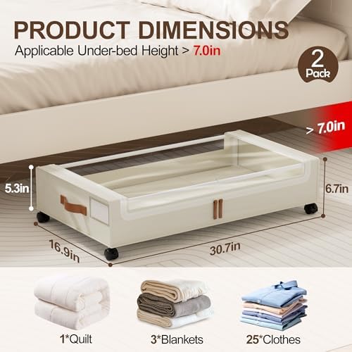 LAMU Under Bed Storage with Wheels, 2Pack Underbed Storage Containers,Beige - Image 2
