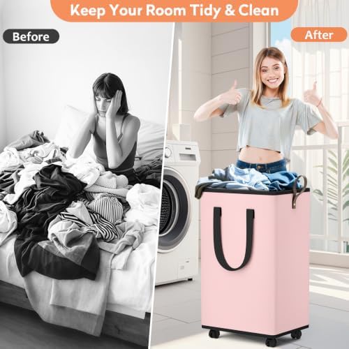 SpaceTrove Rolling Laundry Basket with Wheels, Laundry Hamper, 80L, Pink - Image 3