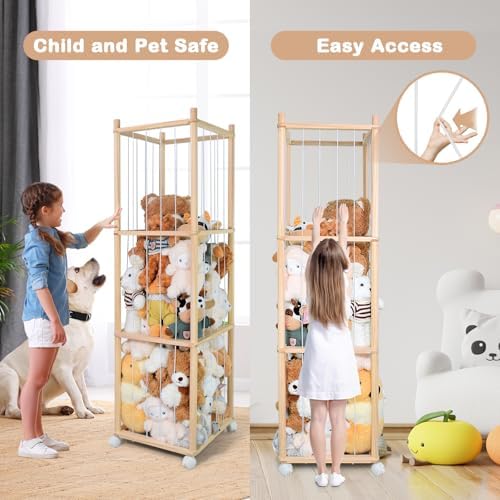 Stuffed Animal Storage, Wood Stuffed Animal Zoo Storage with Brake Wheels, Space Save Toy Organizer, Large Capacity Stuffed Animal Holder, Perfect for Nursery Playroom Kidroom Bedroom-54.3 Inch - Image 3