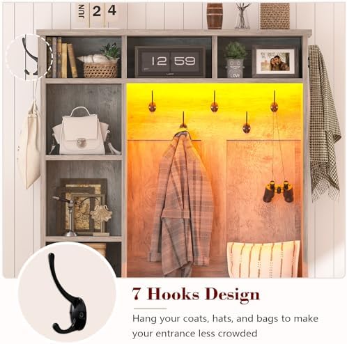 Hall Tree with Bench and Shoe Storage, LED Entryway Bench with Coat Rack - Image 5