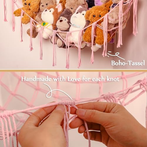 YKBU Stuffed Animals Hammock Corner Hanging Net with Wooden Beads Macrame Stuffed Animal Storage Ideas Plush Holder Toy Organizer for Boho Nursery Playroom Bedroom Kids Room Décor (light pink, Large) - Image 2