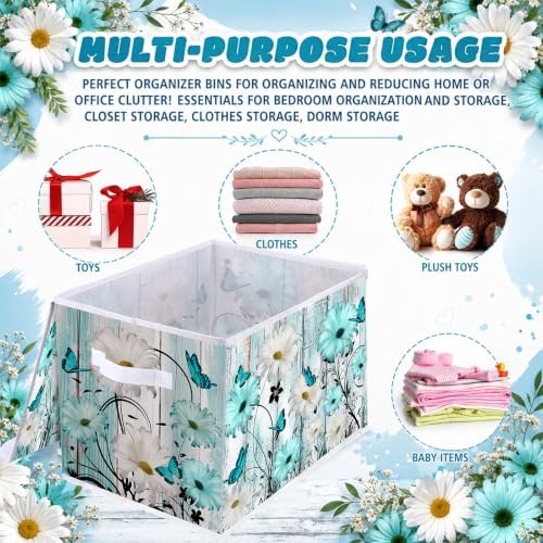 Briwooody Blue Daisy Storage Bin with Lid and Carrying Handle Floral Butterfly Foldable Storage Box Large Farmhouse Decorative Collapsible Container Basket for Organizing Closet Home Bedroom Gift - Image 5