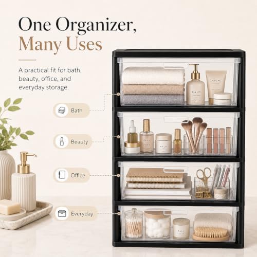 4 Drawer Storage Organizer, 4-Tier Wide Clear Plastic Drawer Storage(Black) - Image 4