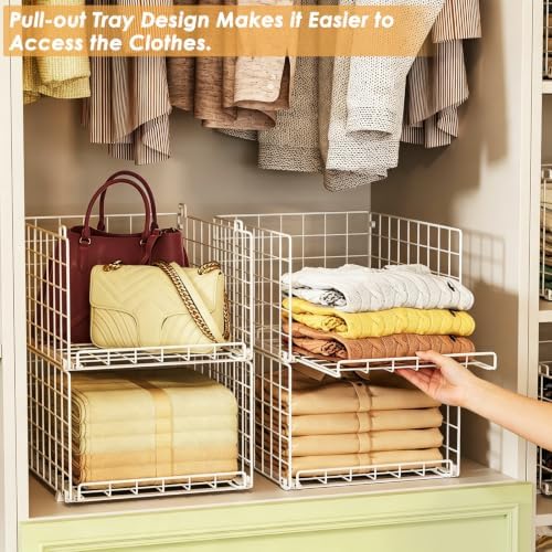Yociyoga 4-Tier Stackable Closet Storage Shelves, Pull-Out Closet Shelf and Storage Basket Anti-Tipping, Space-Saving Clothes Storage Drawer for Closet System, Wardrobe, Bedroom & Dorm, White - Image 2