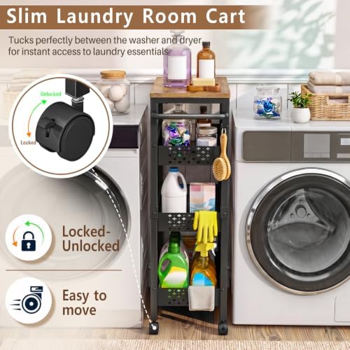 Slim Storage Cart with Wheels,9.1-inch 4 Tier Narrow Storage Cart with Wheels, Metal Kitchen Bathroom Laundry Organizer Shelf with Wood Top and Handle, Black - Image 4