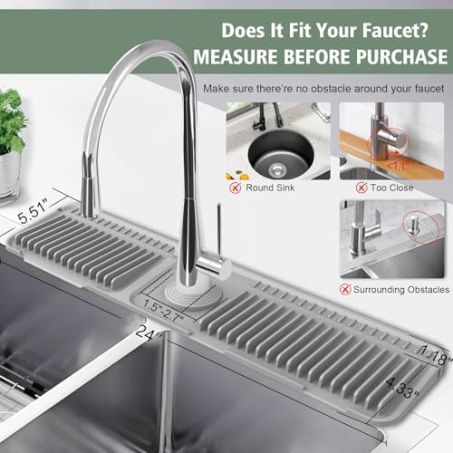 24-Inch Kitchen Sink Splash Guard Mat | 7° Slope for Fast Self-Draining | Snap-Lock Design | Universal & Cuttable Silicone Faucet Mat Gray - Image 3