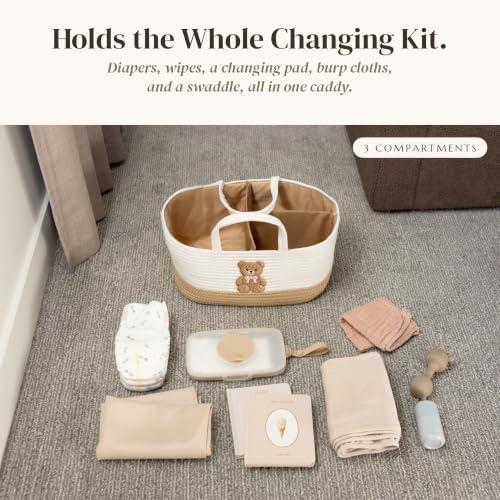 Baby Diaper Caddy Organizer, Teddy Bear Cotton Rope Nursery Basket - Image 3