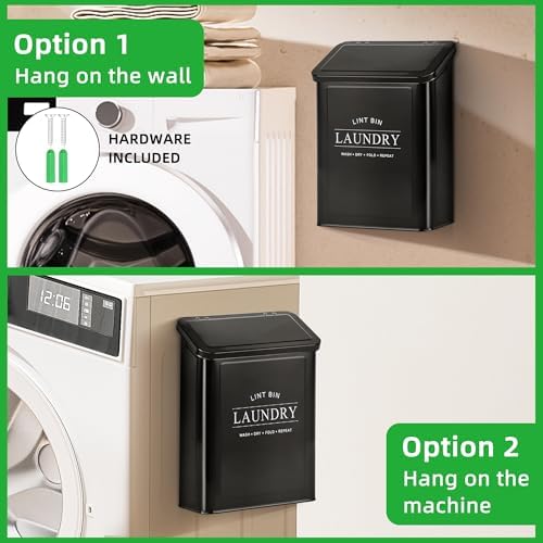 Magnetic Lint Bin for Laundry Room, Metal Lint Trash Can with Lid and Brush, Wall Mounted Lint Box for Dryer, Farmhouse Laundry Room Decor, Black - Image 4