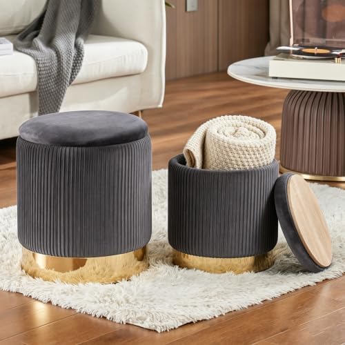 Round Ottoman with Storage Set of 2 Gray Velvet Vanity Stool - Image 2