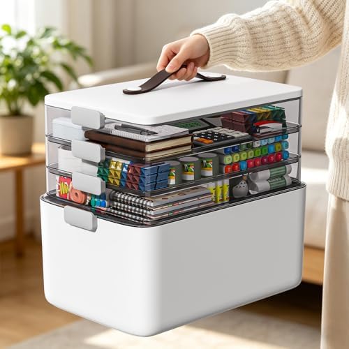 MOPUP 4-Tier Medicine Craft,Sewing,Art,Organizer Storage,Portable Latch Bin with Lid and Leather Handle,Pill Bottle, First Aid,Multipurpose Organizer with Removable Tray,A Household Essential - Image 2