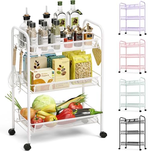 TOOLF 3 Tier Rolling Cart, Metal Utility Storage Cart with Wheels, White by TOOLF