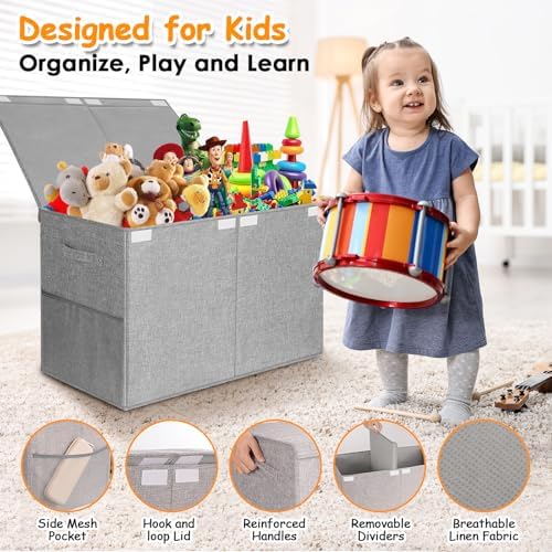 Large Toy Storage Box with Lid Upgraded Toy Chest Organizer with Removable PP Divider Foldable Toy Bin for Kids Boys Girls Linen Fabric Toy Box for Playroom Nursery Bedroom (25"x13"x16") - Image 6