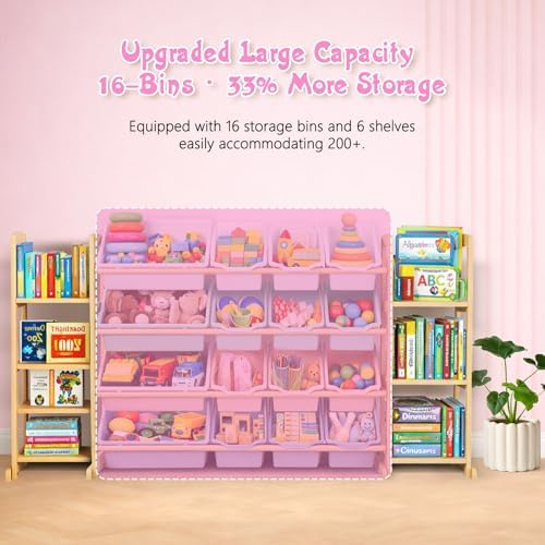 Kids Toy Storage Organizer with Bookshelf – Wooden Shelf with 16 Bins & 6 Shelves, Quick Assembly Storage Rack for Playroom, Bedroom, Nursery – Colorful - Image 5