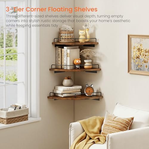 Homode Corner Shelf Wall Mounted Set of 3, Corner Floating Shelves 9/10/12 Inch Deep, Wood Round Corner Hanging Display Shelf with Guardrail for Bathroom Bedroom Kitchen Living Room, Rustic Brown - Image 6