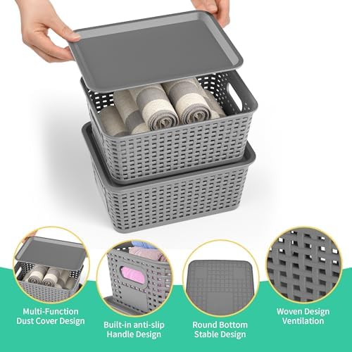 8 Pack Plastic Storage Baskets,Grey Stackable Bins with Lid - Image 2