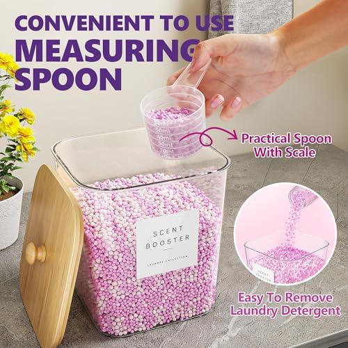 Moforoco 2+1 Pack Bamboo Laundry Pods Container, Clear Laundry Room Organization Containers,Large Laundry Detergent Powder Storage Containers Lids & Labels, for Scent Booster - Image 3