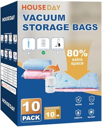 HOUSE DAY 10 Medium Vacuum Seal Bags For Clothing Travel, 80% Space Saving Travel Vacuum Bags with Electric Pump, Vacuum Storage Bags For Clothes, Blankets, Moving, Camping, Toys, Reusable & Durable by HOUSEDAY