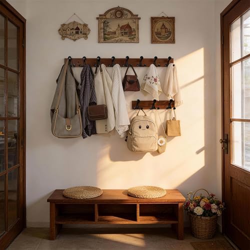 WEBI Coat Rack Wall Mount,17" Solid Wood Coat Hooks Wall Mounted Coat Hanger,16" Hole to Hole,Heavy Duty 3 Triple Hooks for Hanging Coats,Jacket,Hat,Backpack,Farmhouse,Reddish Brown - Image 2