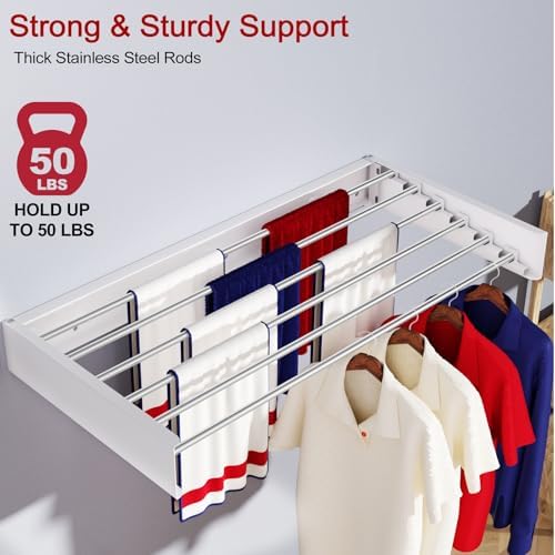 Wall Mounted Drying Rack 40", Foldable Laundry Drying Rack with Stainless Steel Rods, Retractable Laundry Space Saver for Indoor & Outdoor Use, Include Wall Template - Image 5